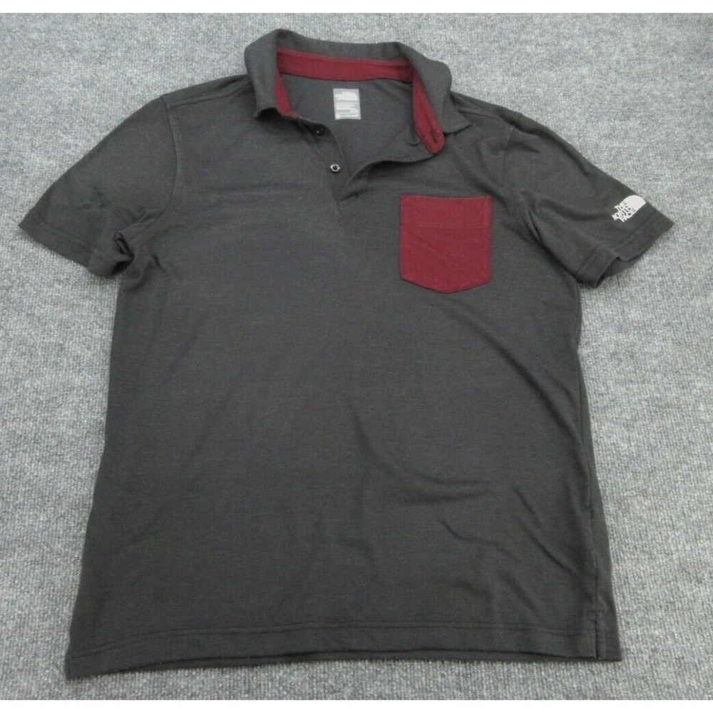 The North Face Mens Polo Regular Gray Burgundy FlashDry Pocket Sleeve Logo M